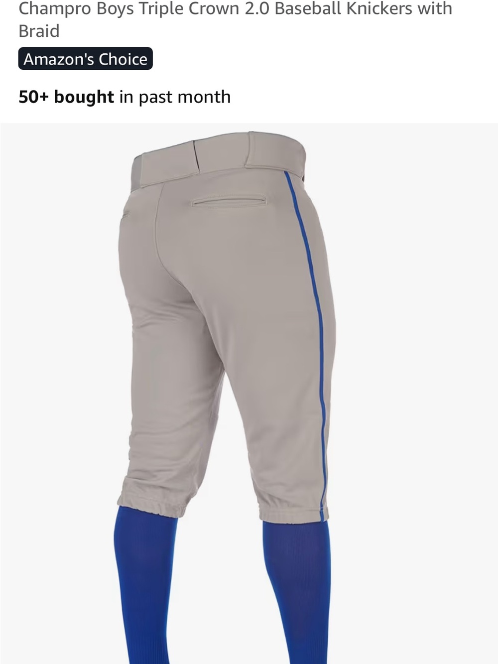 Champro Boys Triple Crown 2.0 Baseball Knickers - Gray with Blue Trim